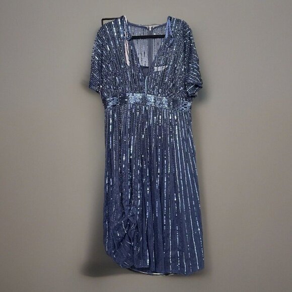 Mac Duggal 14007 Sequined Short-Sleeve Midi Evening Dress Size 18 Midnight - Picture 4 of 10